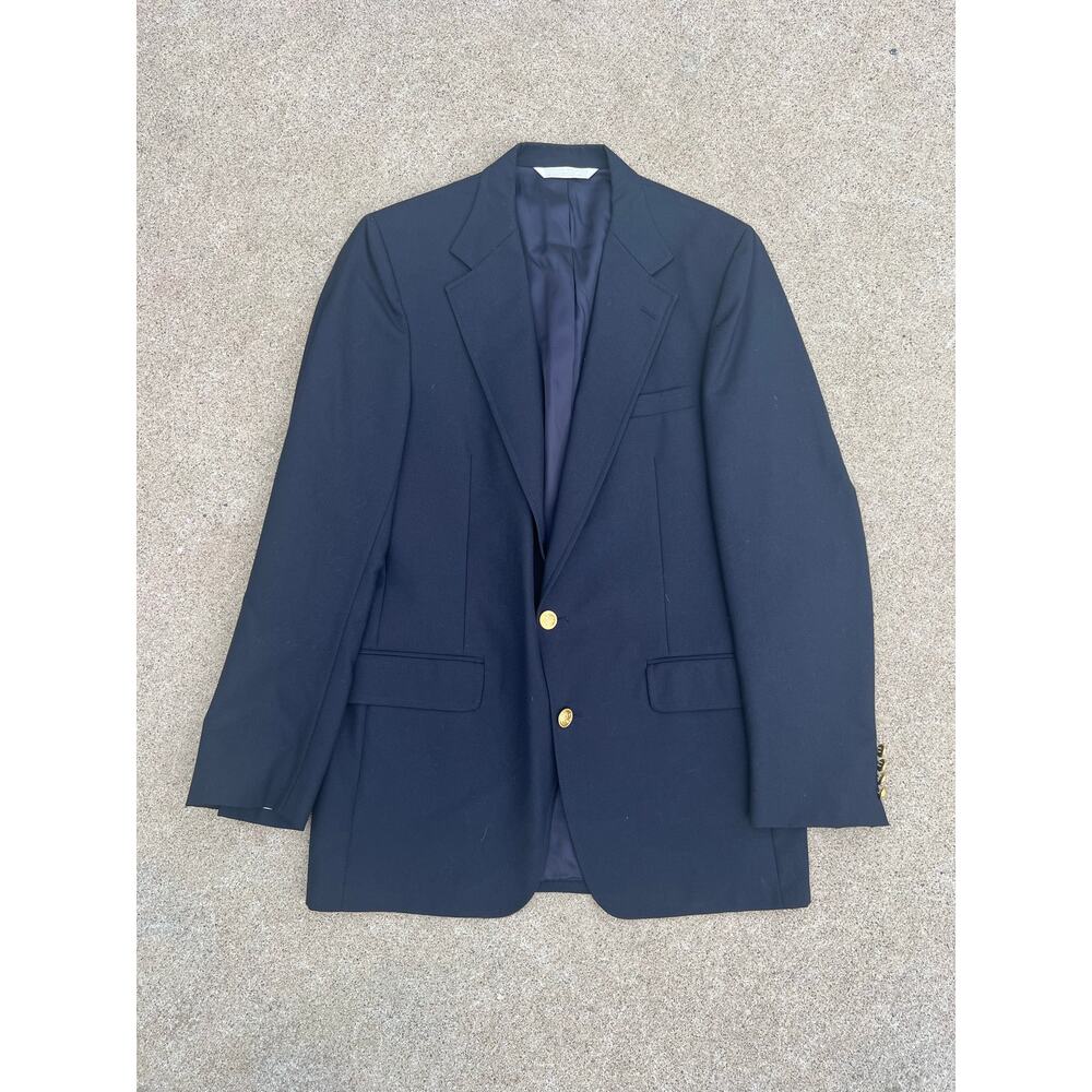 Vtg 90s Men 42L Navy Wool Blazer Old Money Preppy Dark Academia Heritage Jacket